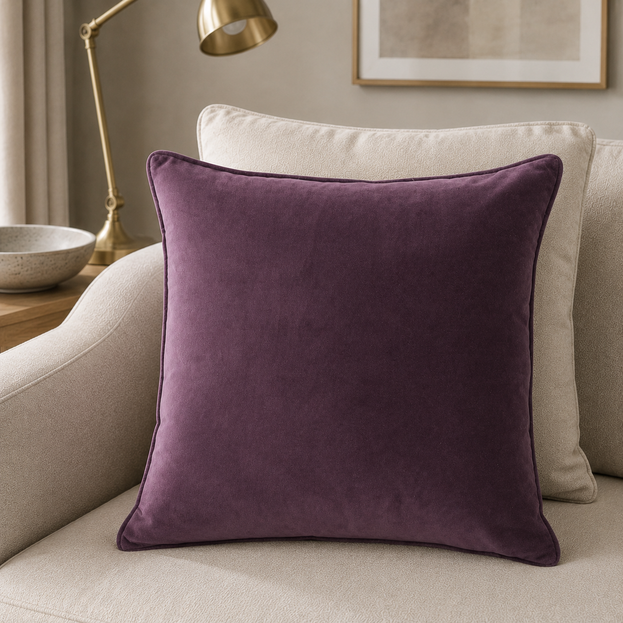 Malini Luxe Matt Velvet Purple Square Cushion 43x43 lifestyle image