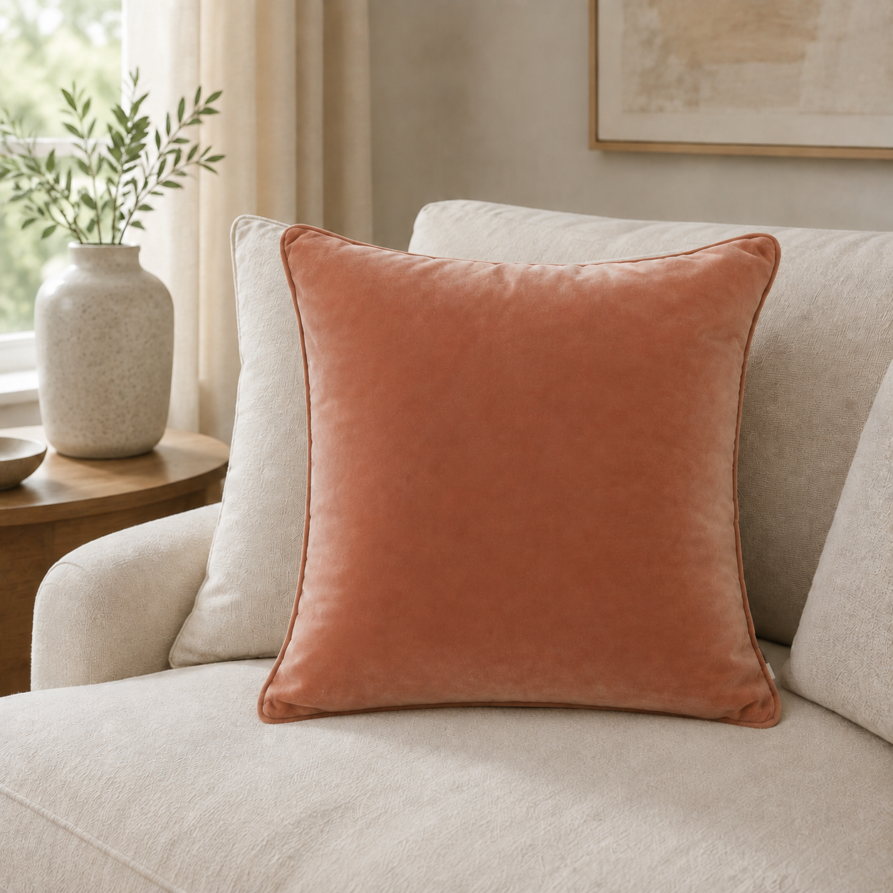 Malini Luxe Velvet Piped Putty Square Cushion 43x43 lifestyle image