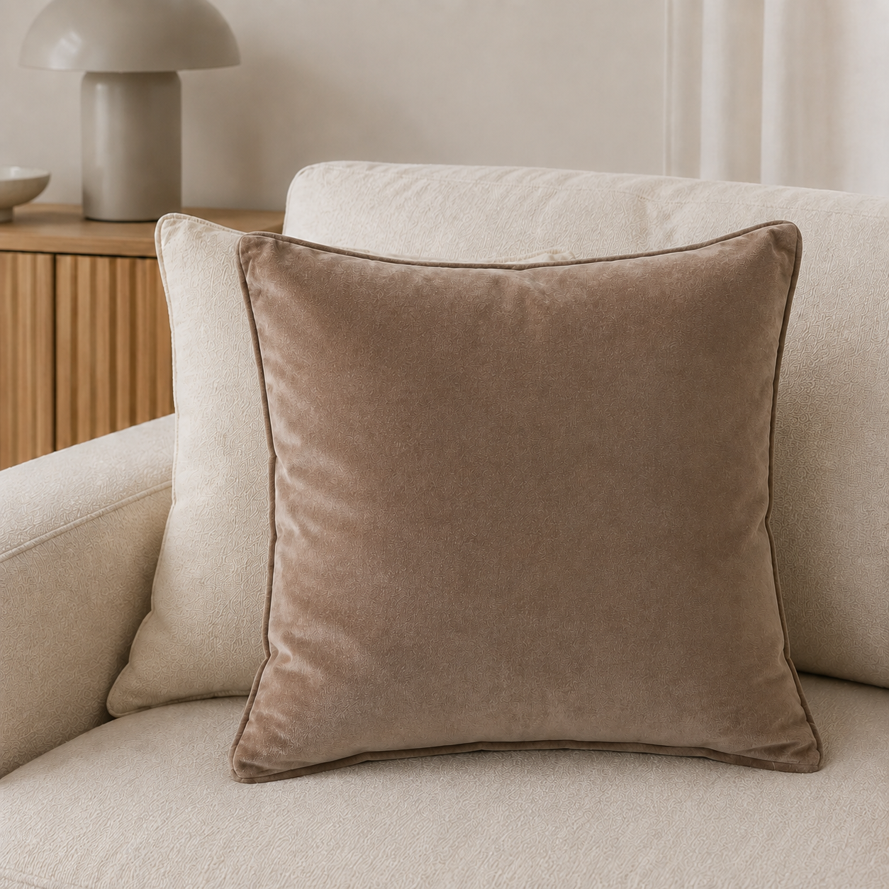 Malini Luxe Plain Velvet Piped Truffle Square Cushion 43x43 lifestyle image