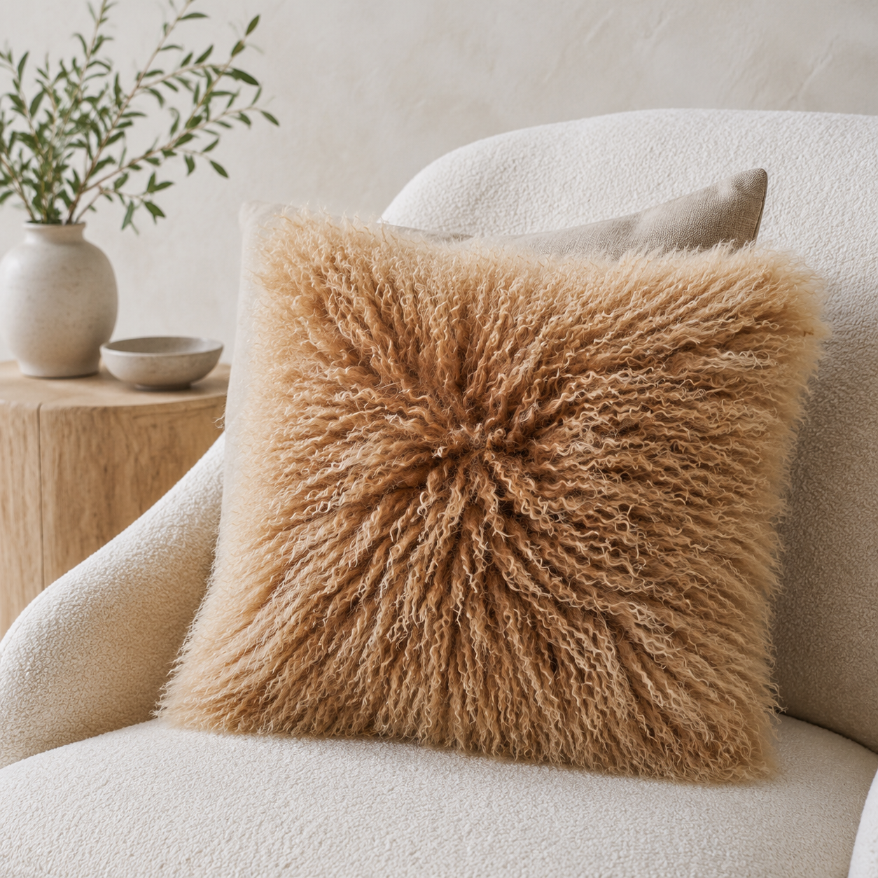 Malini Mongolian Lamb Real Suede Taupe Square Cushion 40x40 styled in a light neutral interior