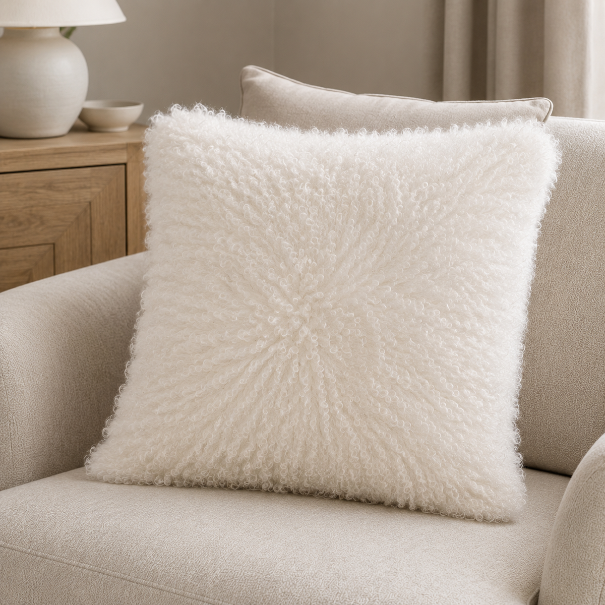 Malini Mongolian Lamb Real Suede White Square Cushion 40x40 styled in a light neutral interior