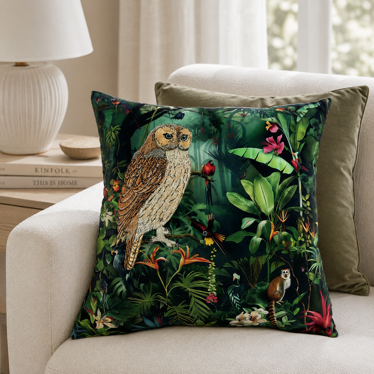 Malini Oakley Green Square Cushion 45x45 styled in a light neutral interior