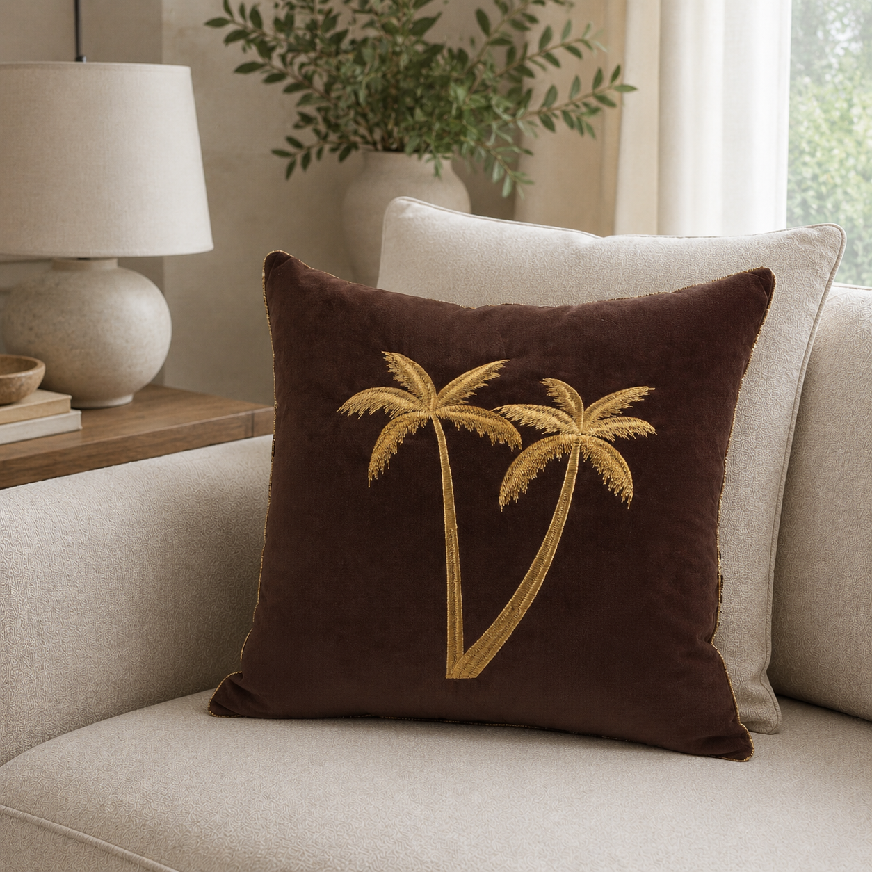 Malini chocolate velvet cushion with gold embroidered palms 45x45 in a neutral living room