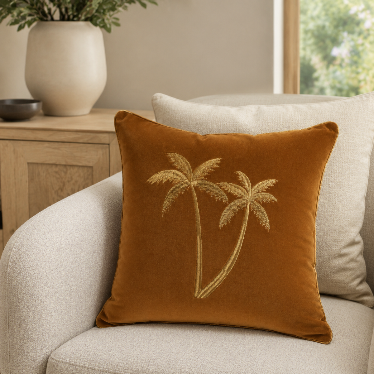 Malini whiskey velvet cushion with gold embroidered palms 45x45 in a neutral living room
