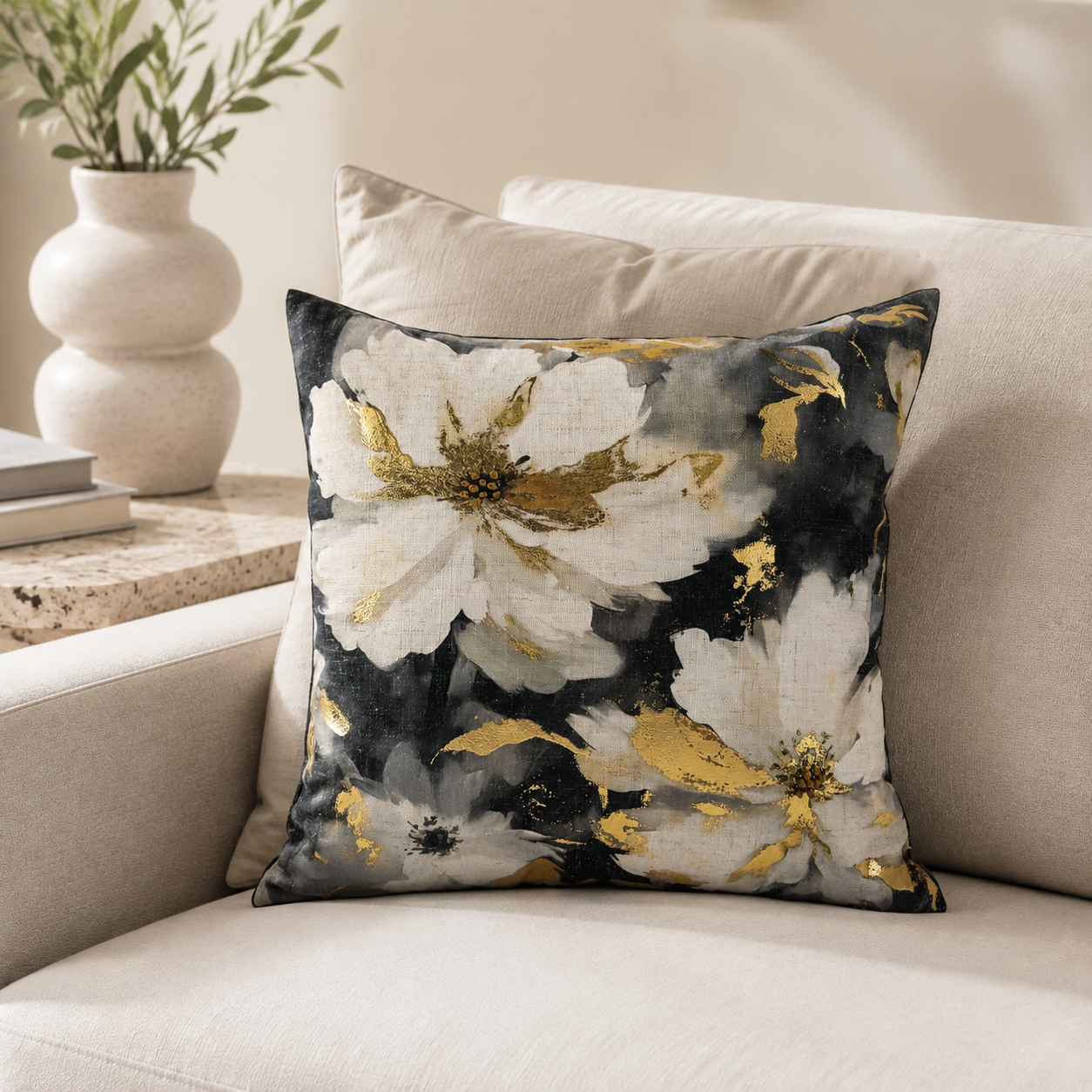 Malini Sally floral gold foil 45x45 cushion styled on a light neutral sofa