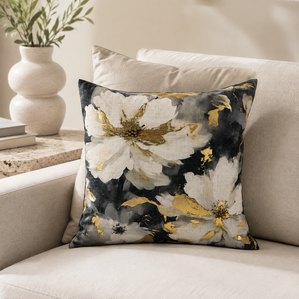 Malini Sally floral gold foil 45x45 cushion styled on a light neutral sofa