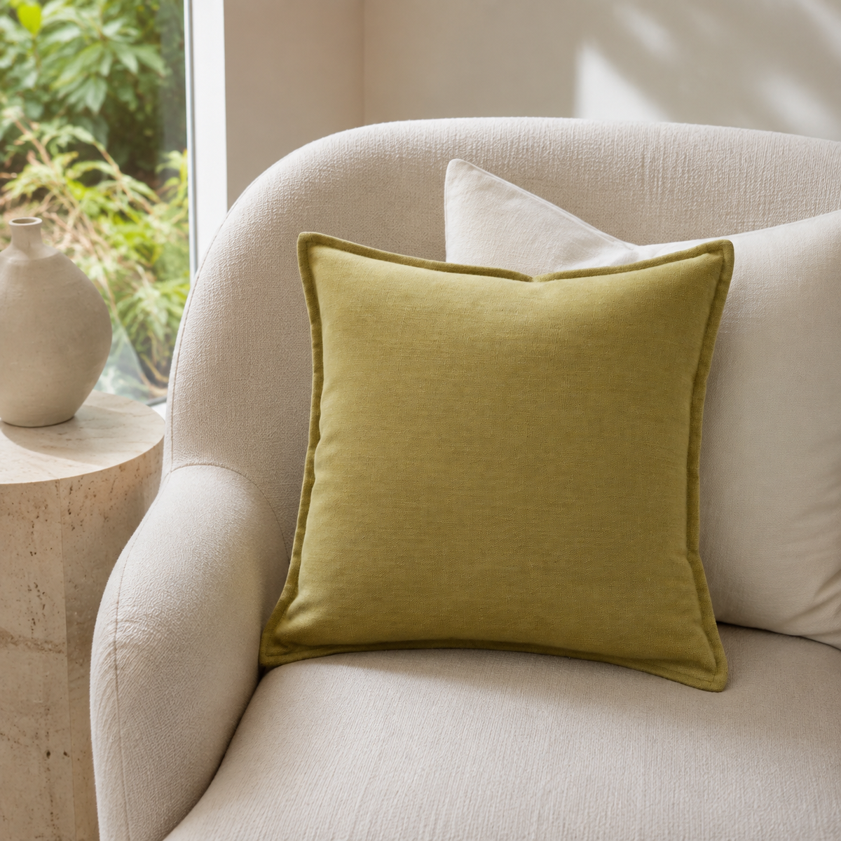 Malini Tia Leaf Green Velvet Cushion 45x45 lifestyle image