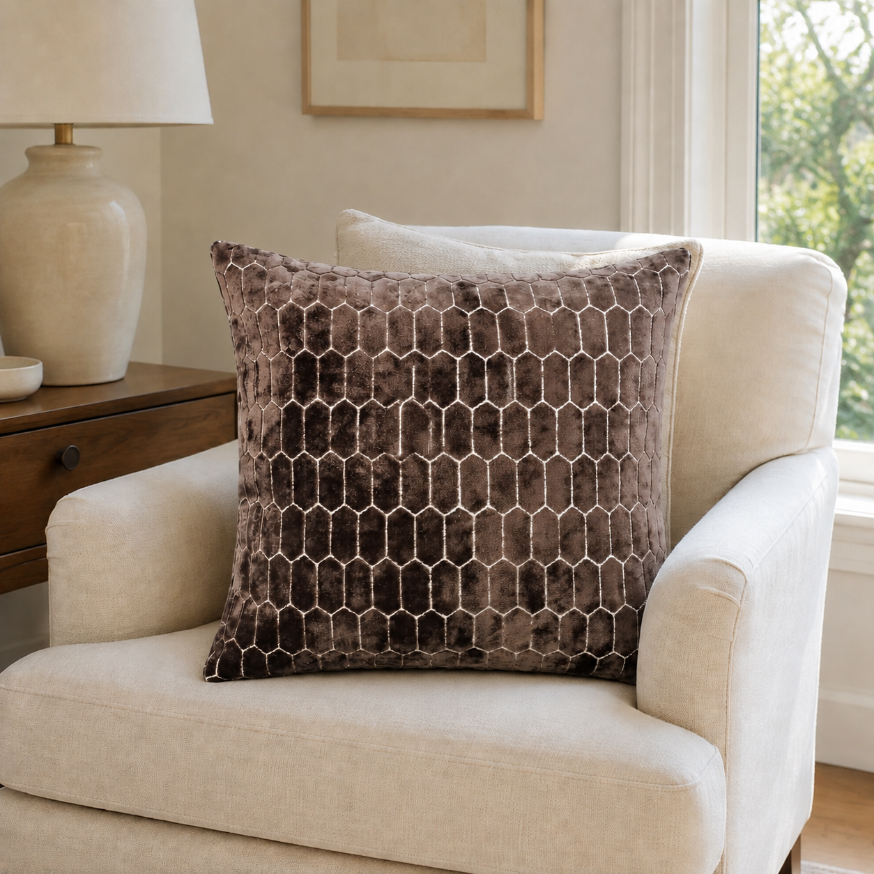 Malini Cut Velvet Honeycombe Choc Square Cushion 43x43 lifestyle image