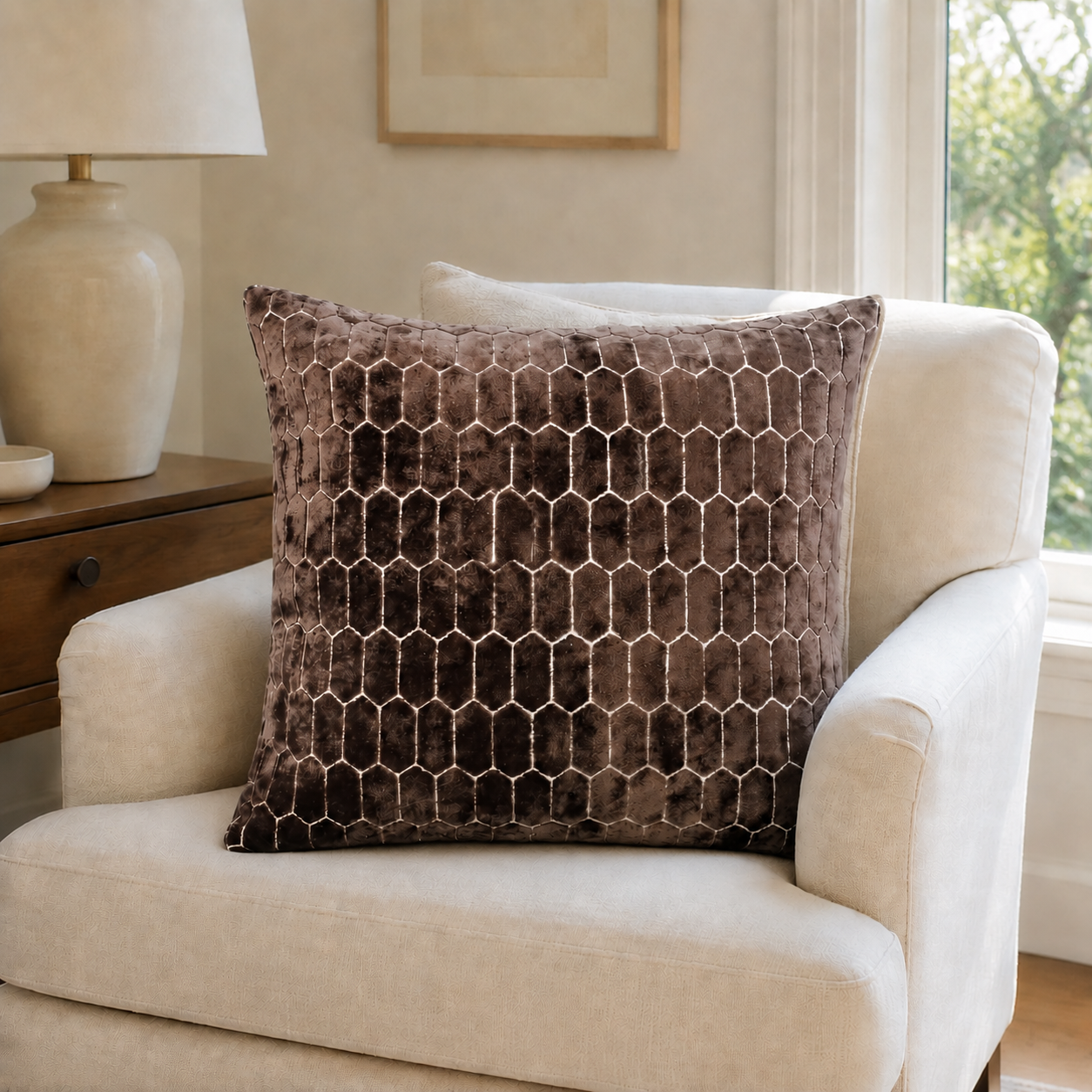 Malini Cut Velvet Honeycombe Choc Square Cushion 43x43 lifestyle image