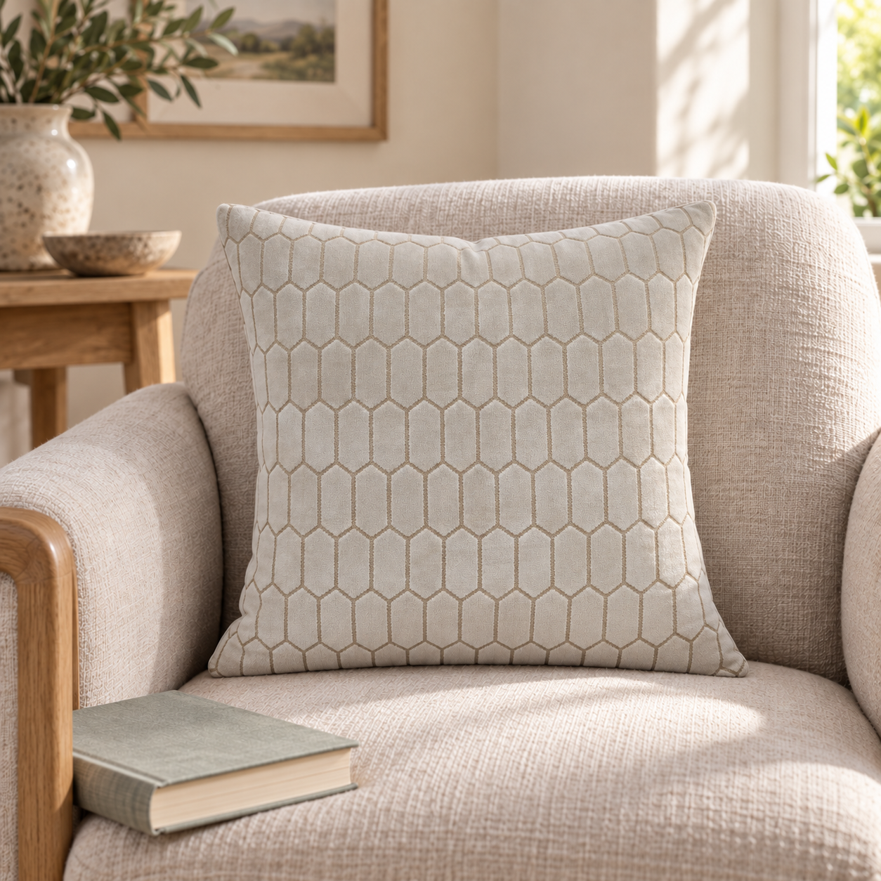 Malini Albie Honeycombe Ivory Square Cushion 43x43 in a cosy interior with natural daylight