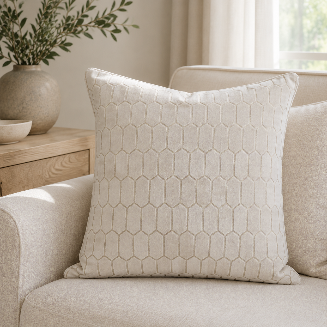 Malini Albie Honeycombe Ivory Square Cushion 43x43 lifestyle image