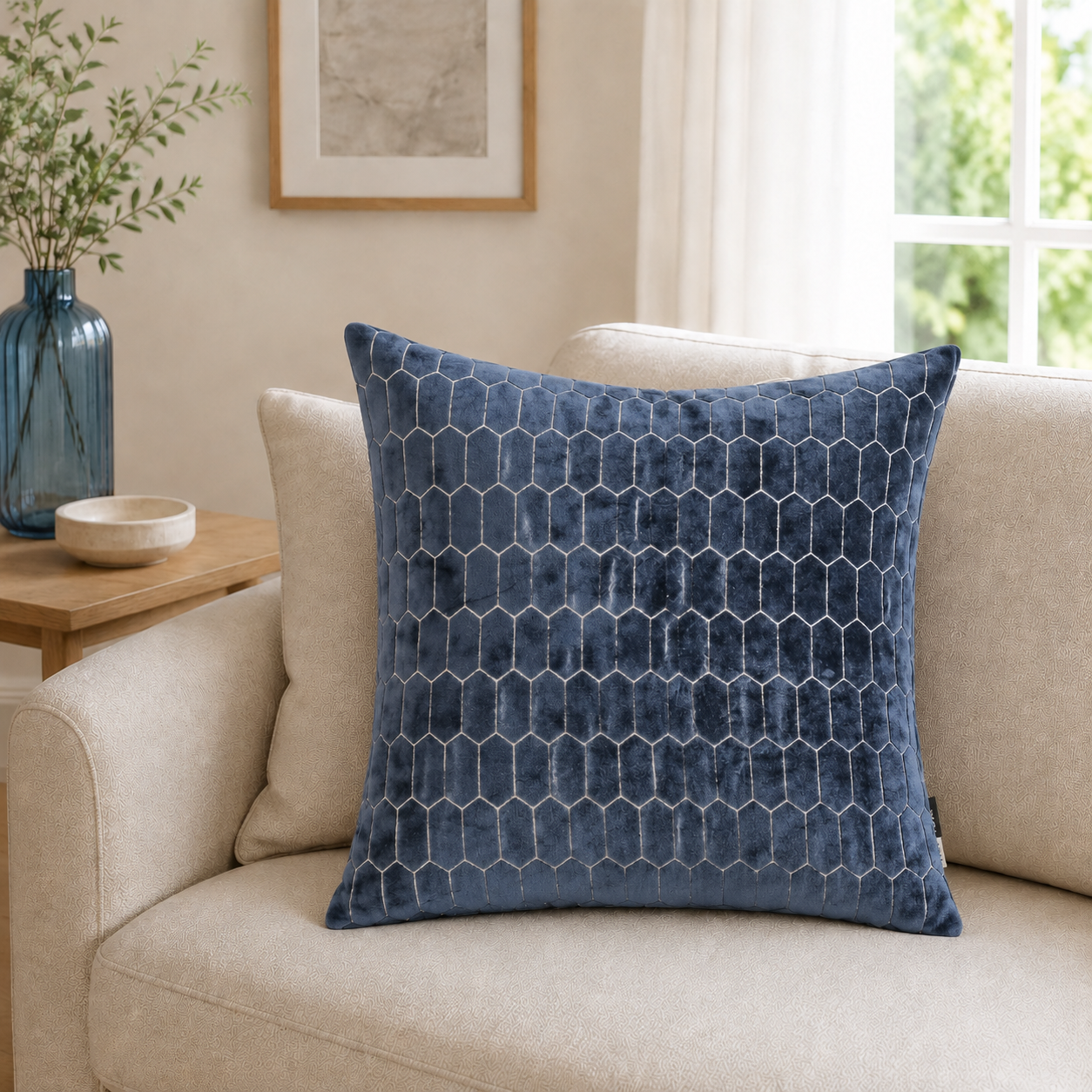Malini Cut Velvet Honeycombe Navy Square Cushion 43x43 lifestyle image