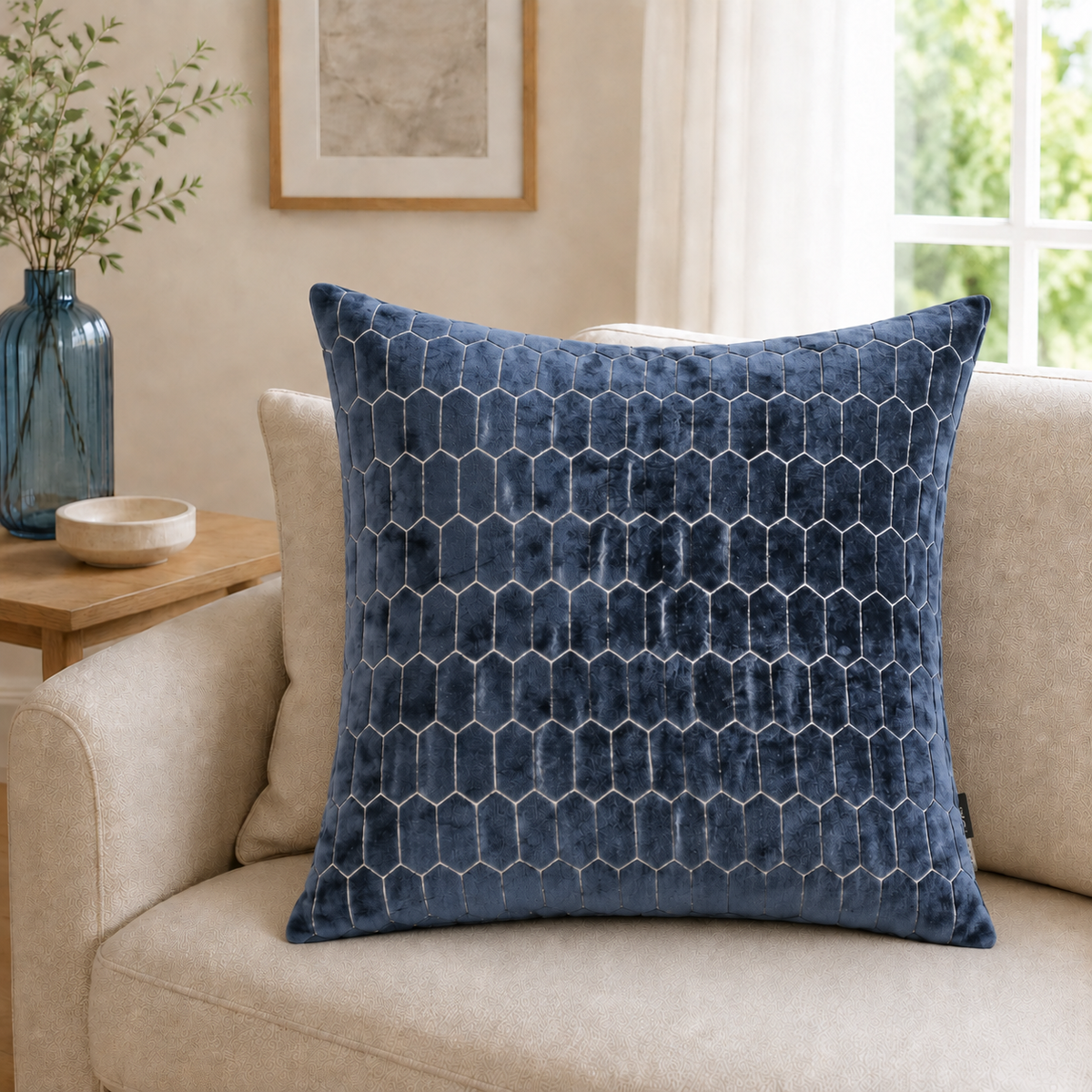 Malini Cut Velvet Honeycombe Navy Square Cushion 43x43 lifestyle image