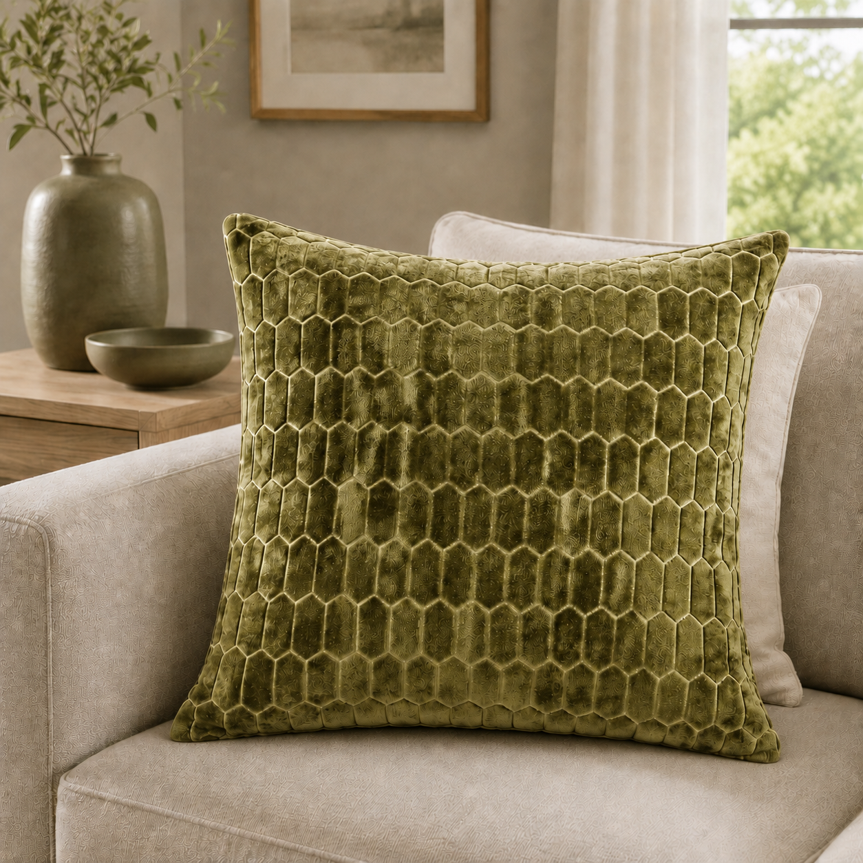 Malini Cut Velvet Honeycombe Olive Square Cushion 43x43 lifestyle image