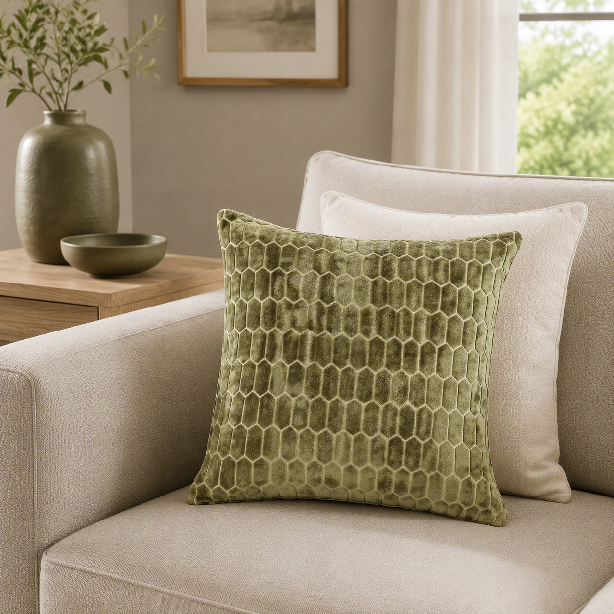 Malini Cut Velvet Honeycombe Olive Square Cushion 43x43 lifestyle image