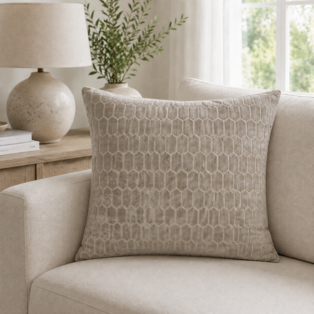 Malini Cut Velvet Honeycombe Taupe Square Cushion 43x43 lifestyle image