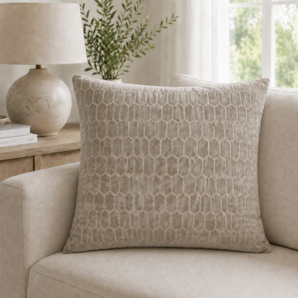 Malini Cut Velvet Honeycombe Taupe Square Cushion 43x43 lifestyle image