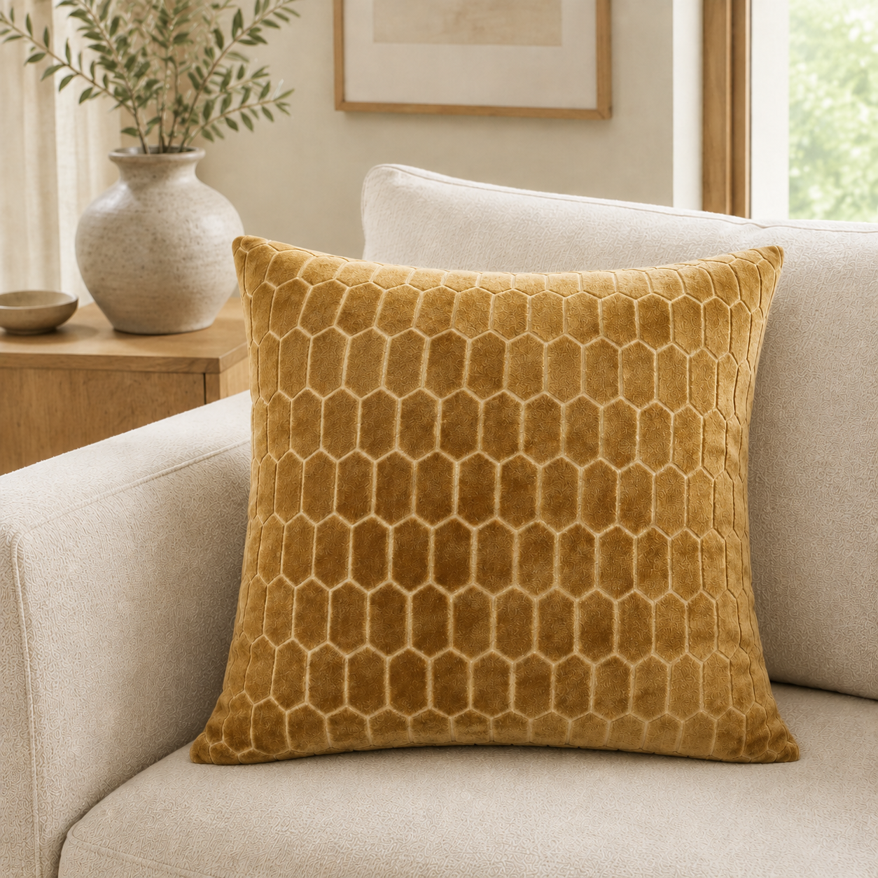 Malini Cut Velvet Honeycombe Whiskey Square Cushion 43x43 lifestyle image