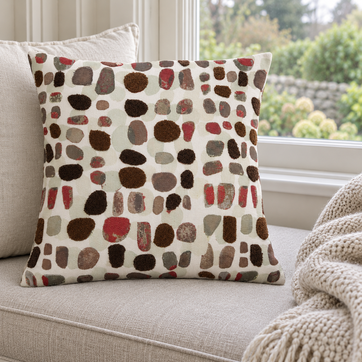 Malini Alfie Earth Raised Pebbles Square Cushion 45x45 in a cosy interior with natural daylight
