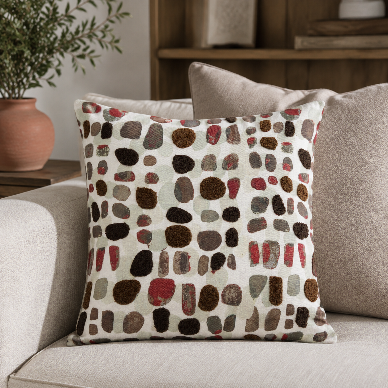 Malini Alfie Earth Raised Pebbles Square Cushion 45x45 lifestyle image