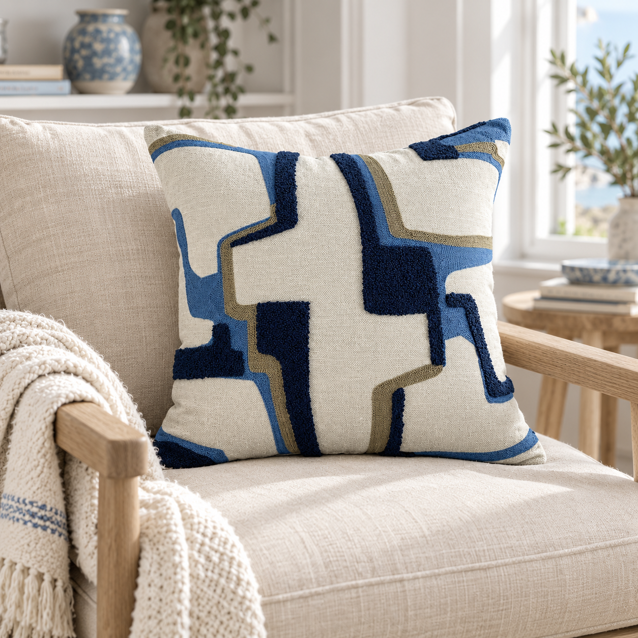 Malini Alto Blue Square Cushion 43x43 in a cosy interior with natural daylight