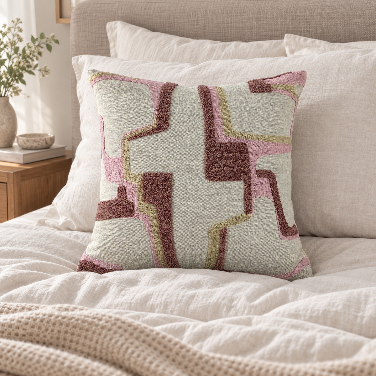 Malini Alto Pink Square Cushion 43x43 in a cosy interior with natural daylight