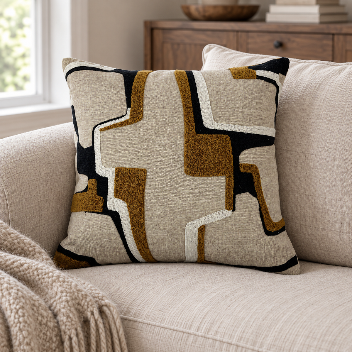 Malini Abstract Emb Cushion Whiskey Square Cushion 45x45 in a cosy interior with natural daylight