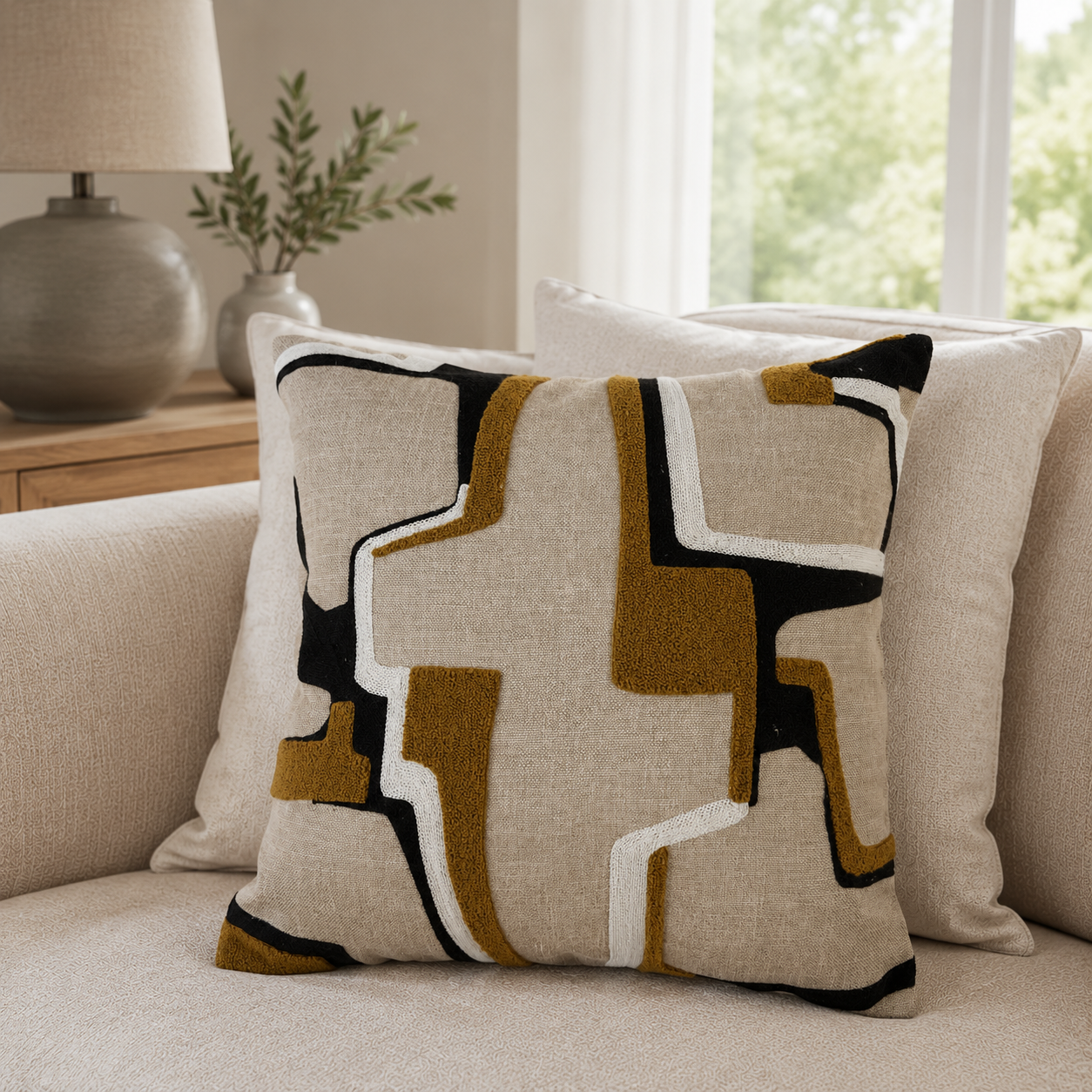 Malini Abstract Emb Cushion Whiskey Square Cushion 45x45 lifestyle image