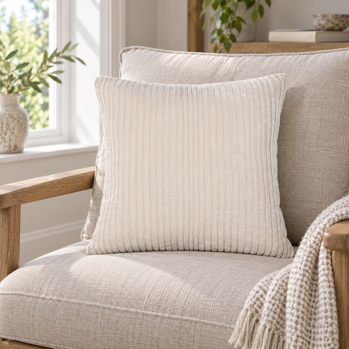 Malini Amalfi Ivory Velvet Square Cushion 43x43 in a naturally lit room