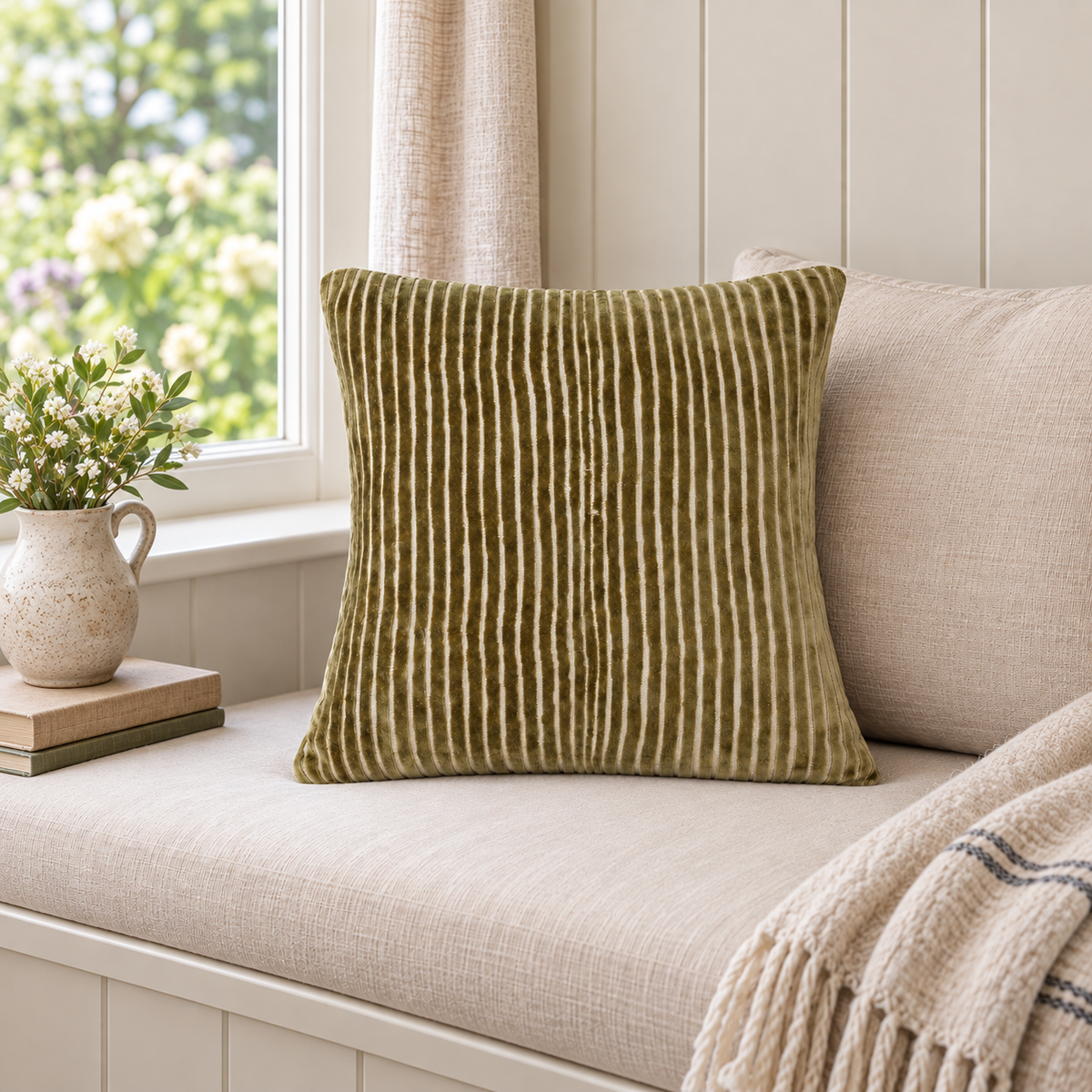 Malini Amalfi Olive Green Velvet Square Cushion 43x43 in a naturally lit room