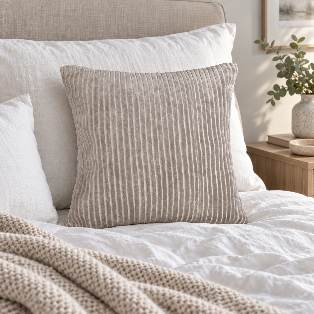 Malini Amalfi Taupe Velvet Square Cushion 43x43 in a naturally lit room