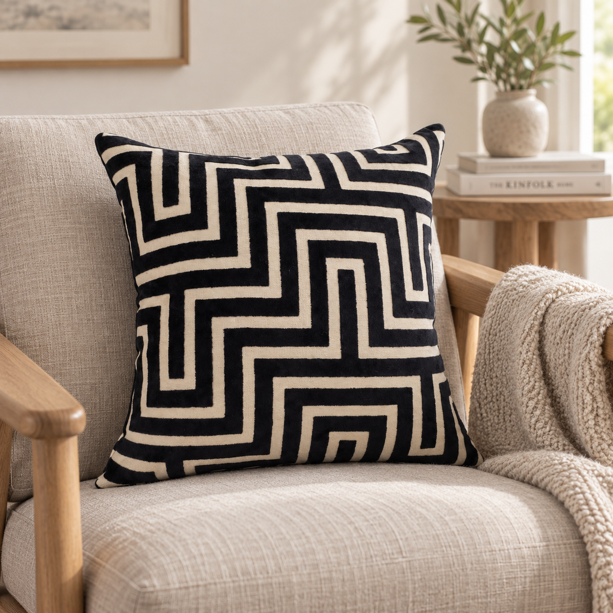 Malini Amazing Maze Velvet Black & White Square Cushion 43x43 in a cosy interior with natural daylight