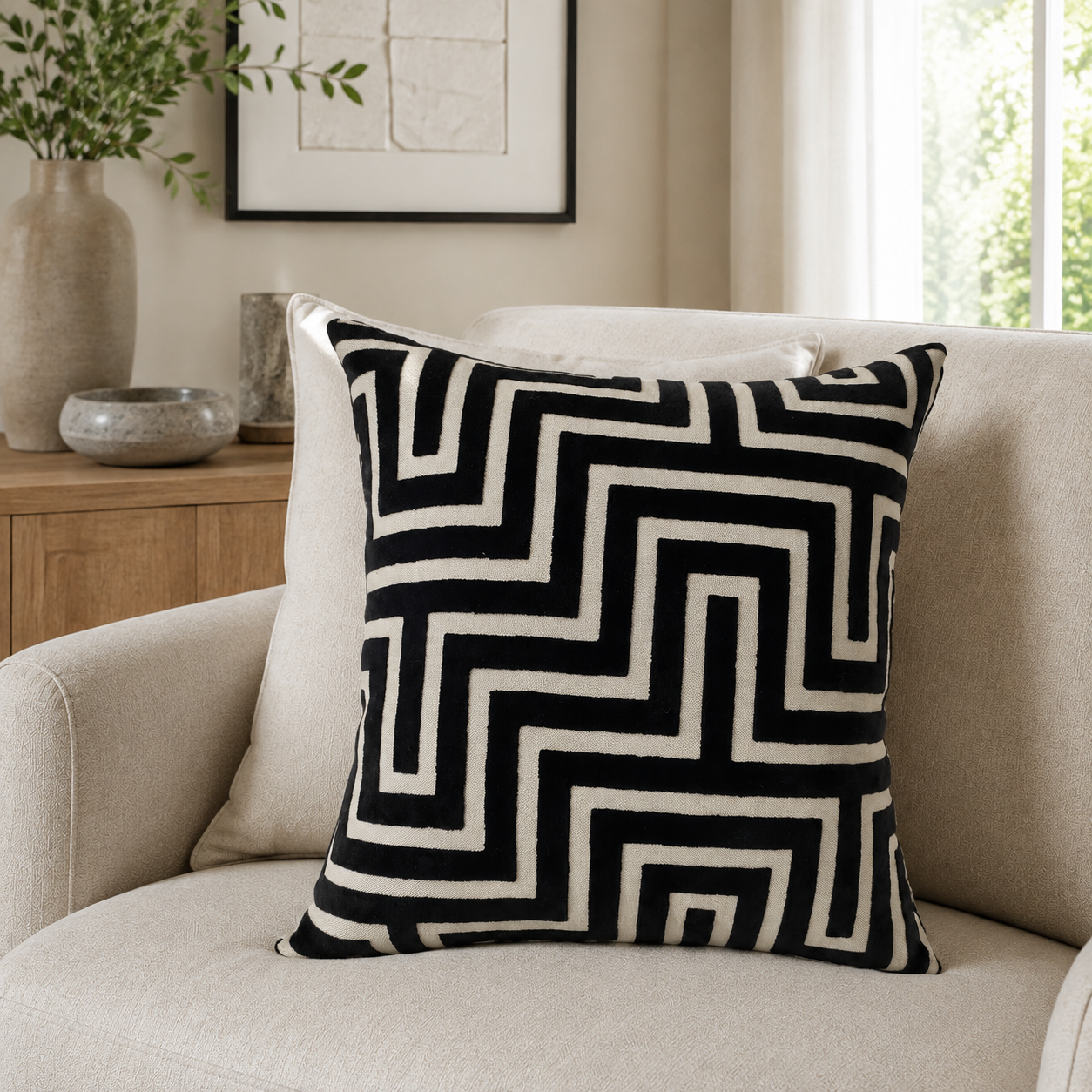 Malini Amazing Maze Velvet Black & White Square Cushion 43x43 lifestyle image