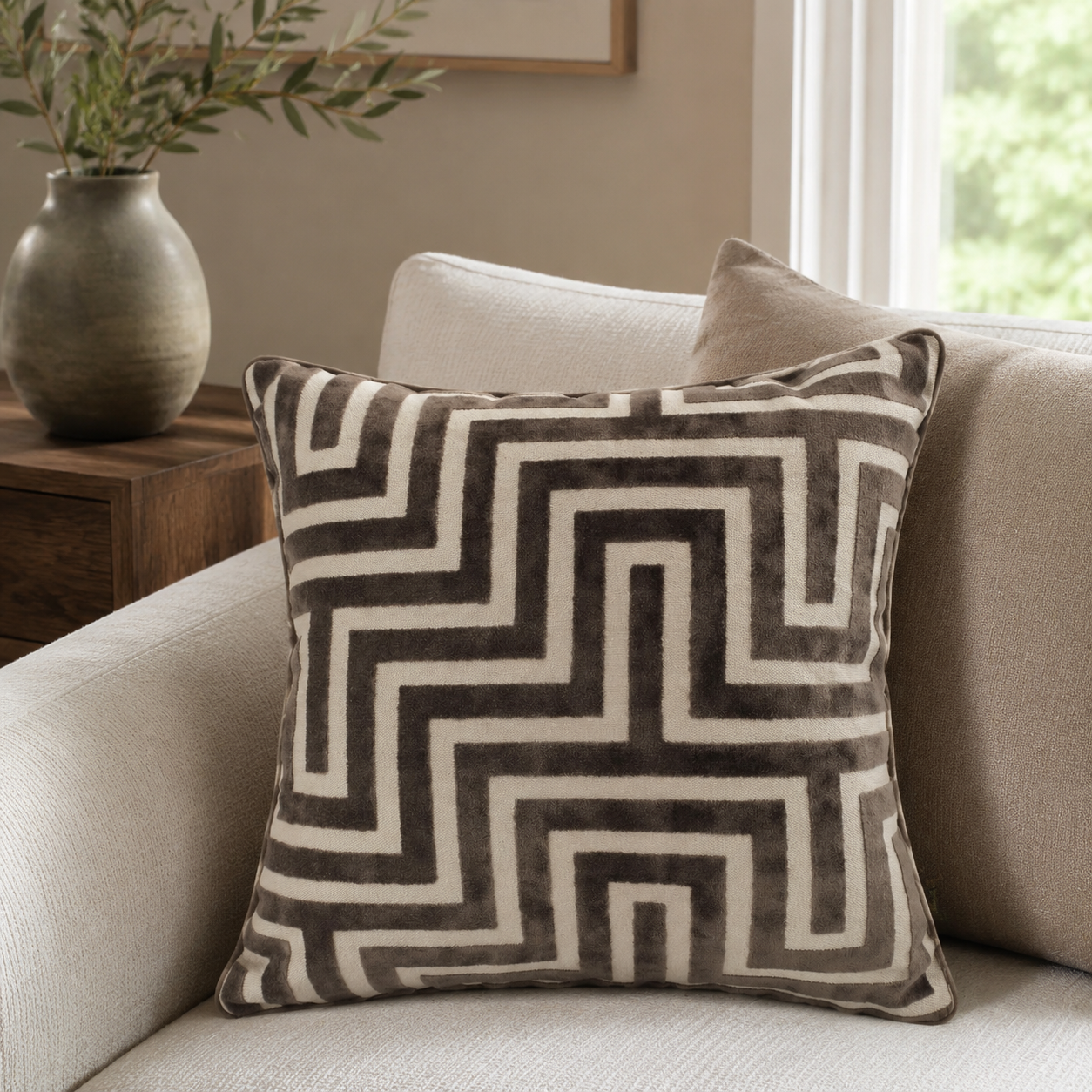 Malini Maze Cut Velvet Choc square cushion lifestyle