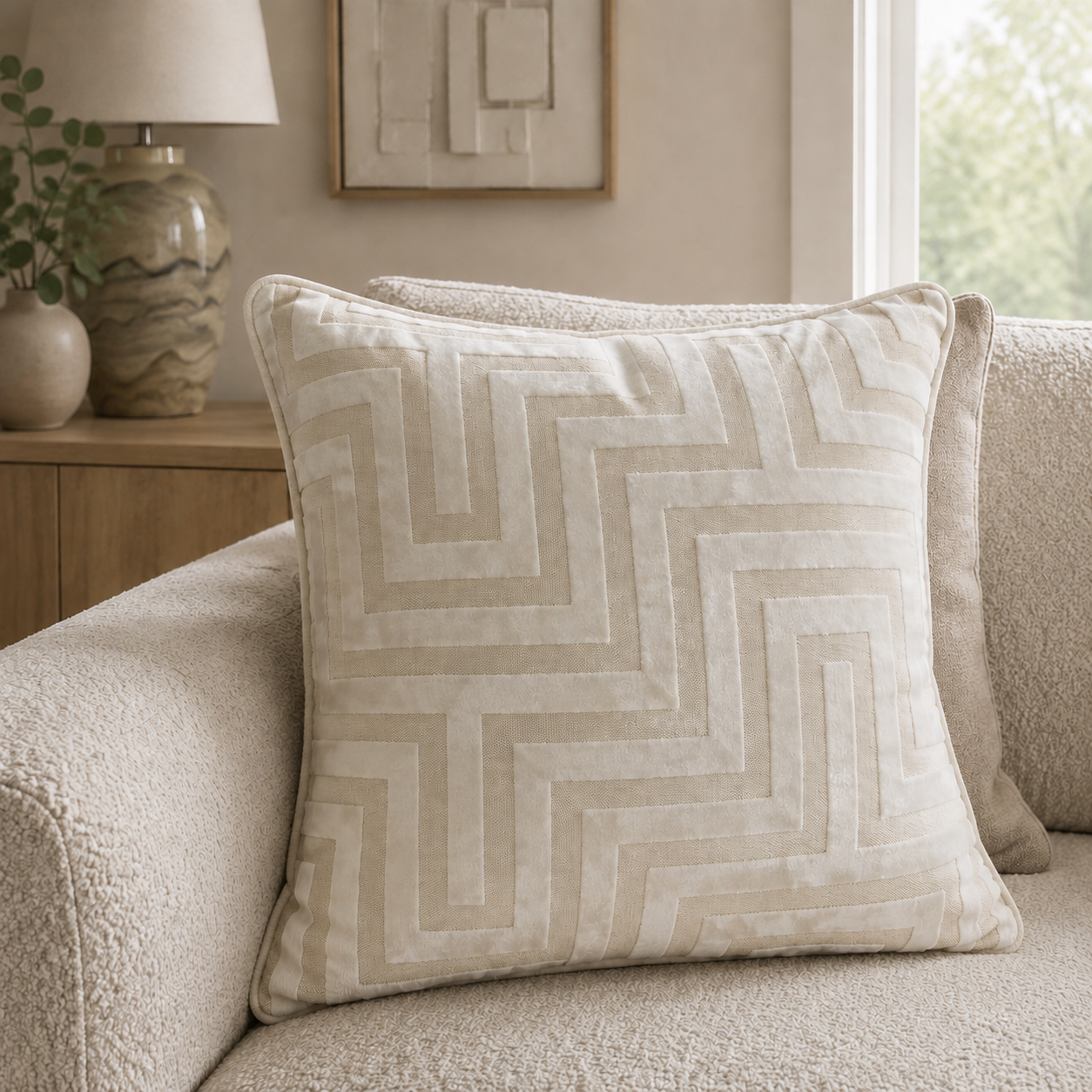 Malini Maze Cut Velvet Pm Ivory Square Cushion 43x43 lifestyle image