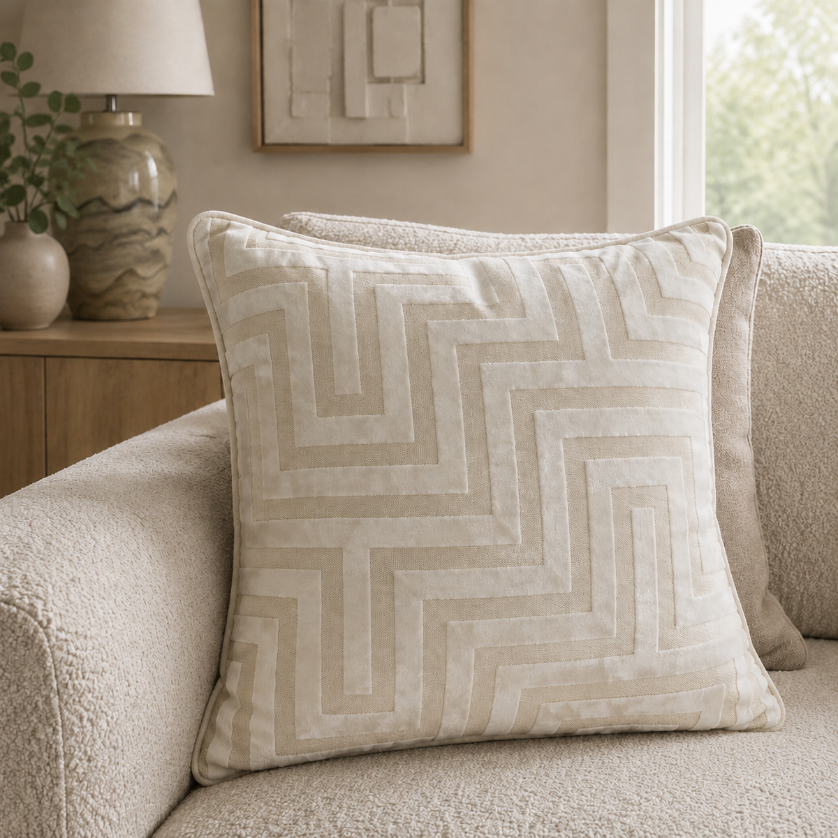 Malini Maze Cut Velvet Pm Ivory Square Cushion 43x43 lifestyle image