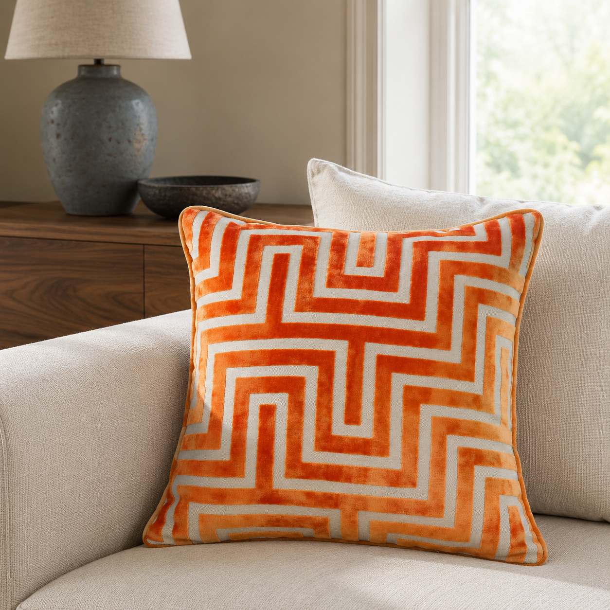 Malini Maze Cut Velvet Orange square cushion lifestyle