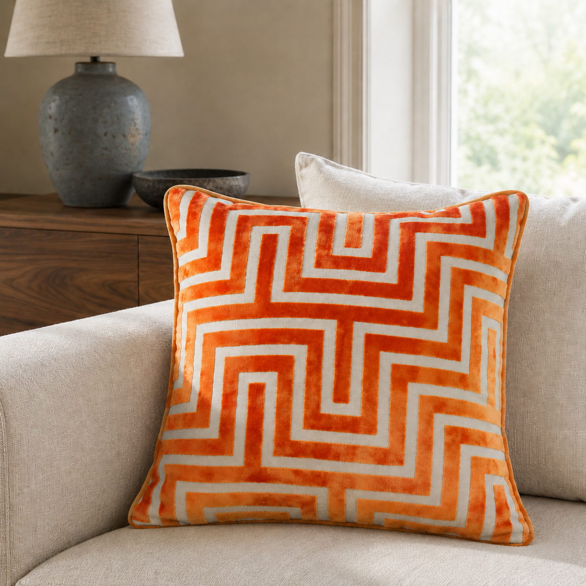 Malini Pm Maze Cut Velvet Orange Square Cushion 43x43 lifestyle image