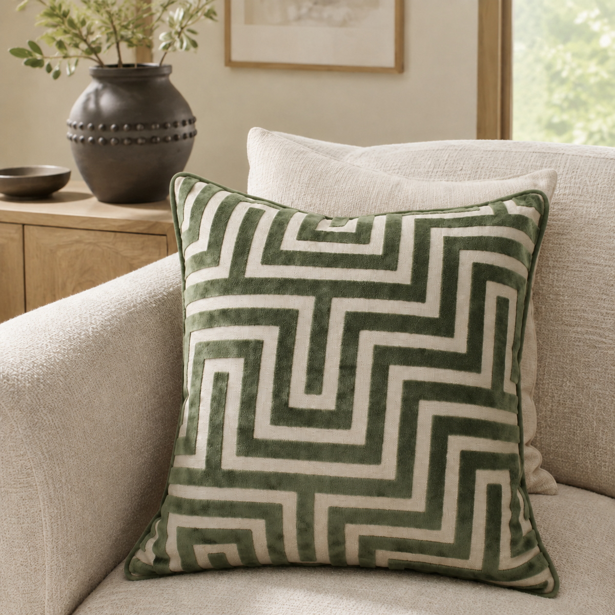 Malini Maze Cut Velvet Pm Sage Square Cushion 43x43 lifestyle image