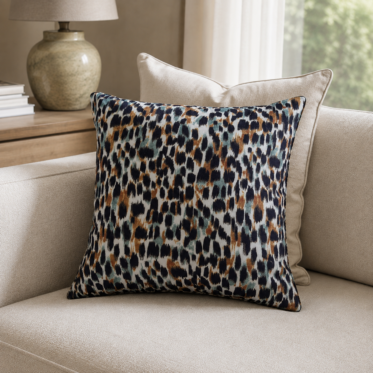 Malini Mstd Black & S Foam Brush Strokes Square Cushion 45x45 styled in a light neutral interior