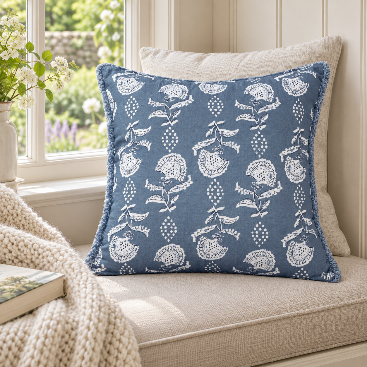 Malini Ava Blue Square Cushion 45x45 in a cosy interior with natural daylight