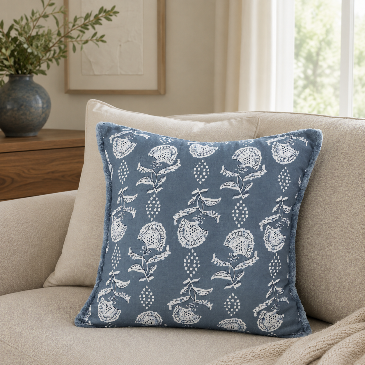 Malini Ava Blue square cushion lifestyle