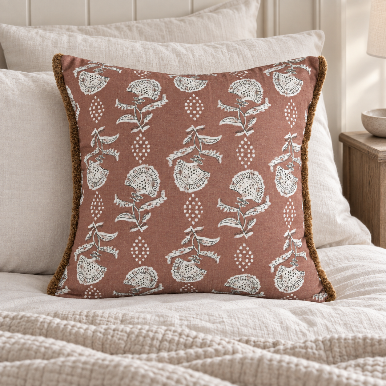 Malini Ava Rosewood Pink Square Cushion 45x45 in a cosy interior with natural daylight