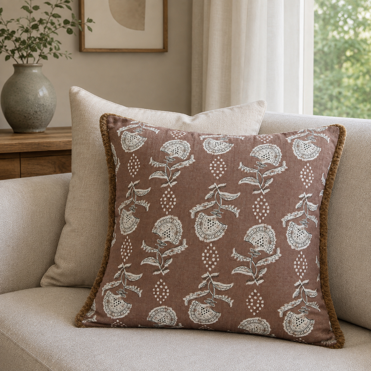 Malini Ava Rosewood Pink square cushion lifestyle