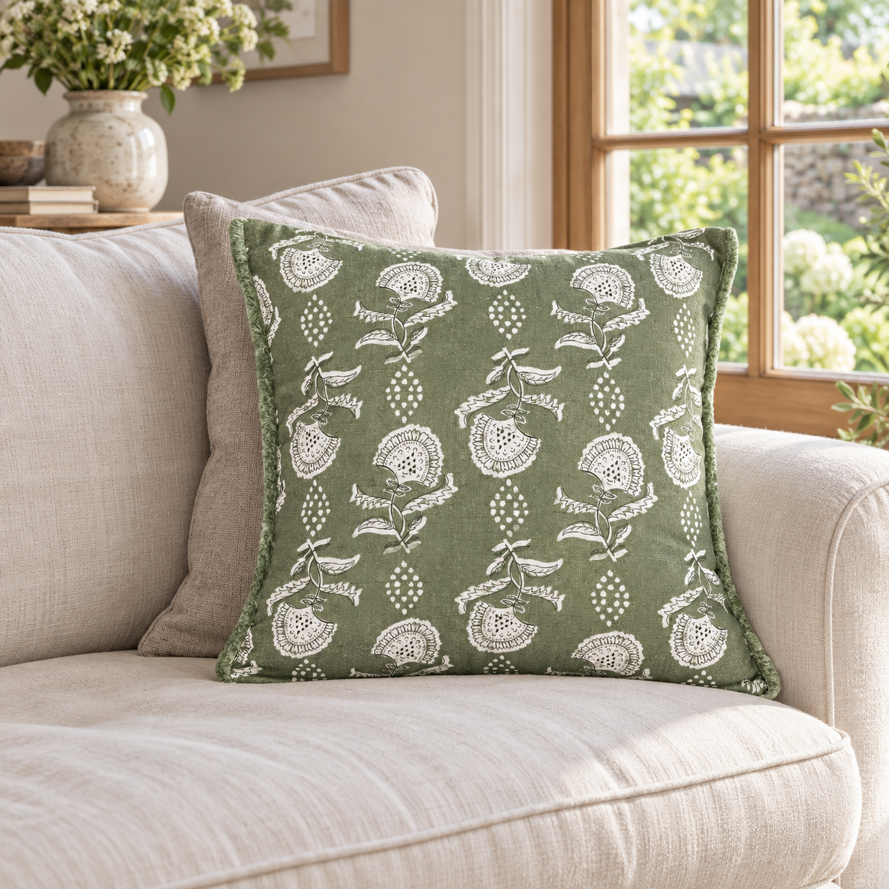 Malini Ava Sage Green Square Cushion 45x45 in a cosy interior with natural daylight