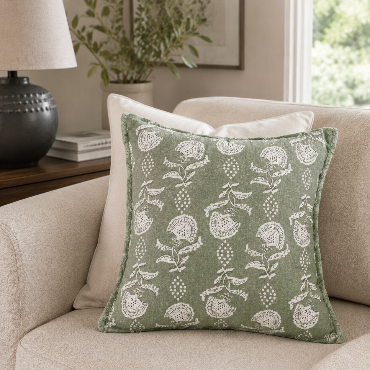 Malini Ava Sage Green square cushion lifestyle