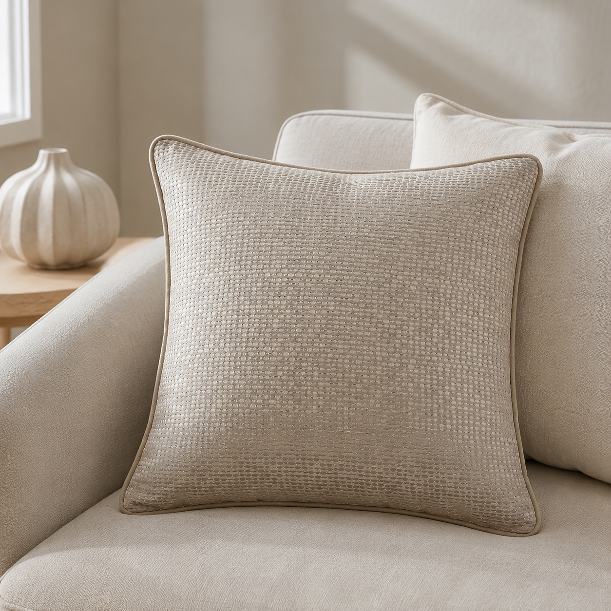 Malini Belissimo Taupe Sparkle Jacquard Cushion 43x43 lifestyle image