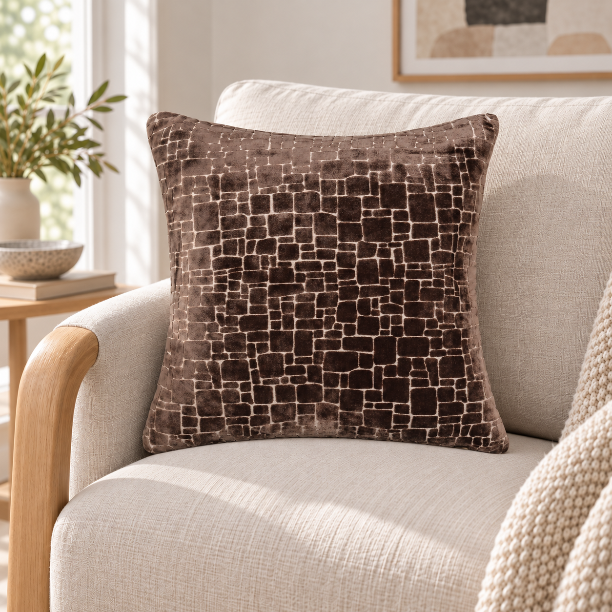 Malini Bergen Chocolate Brown Velvet Square Cushion 43x43 in a naturally lit room