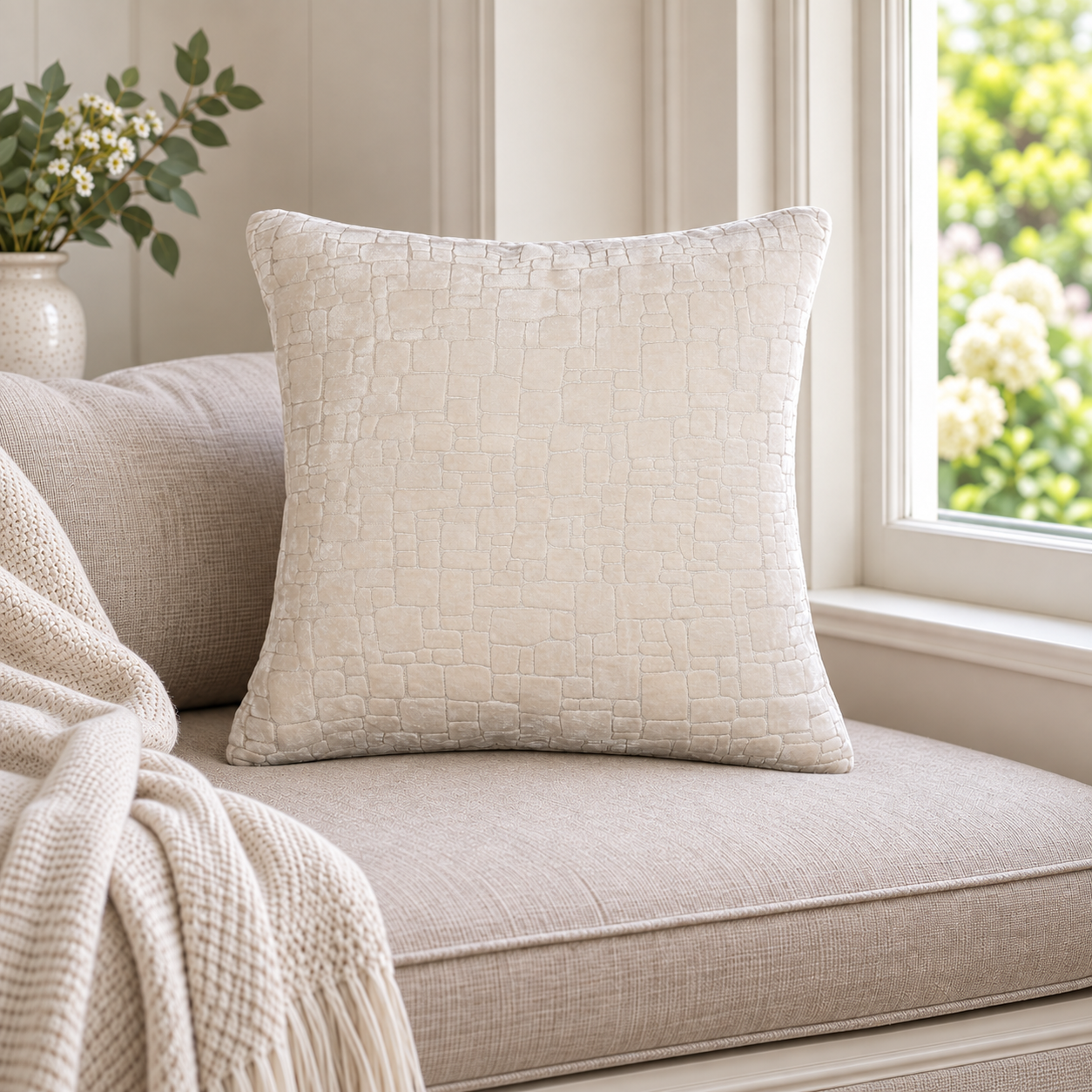 Malini Bergen Ivory Velvet Square Cushion 43x43 in a naturally lit room