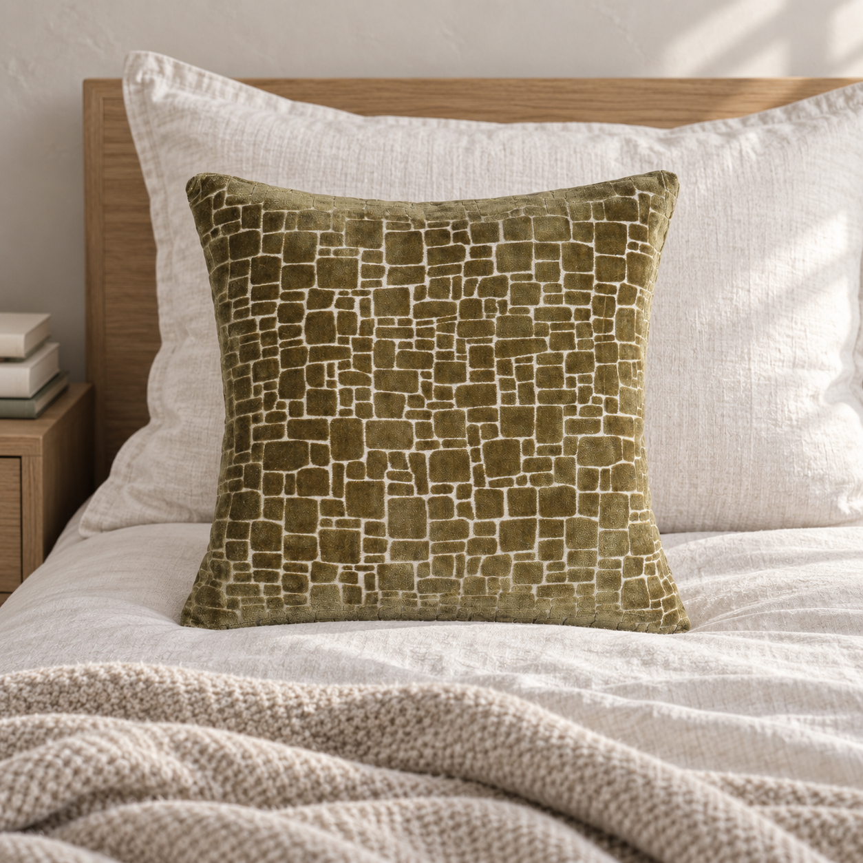 Malini Bergen Olive Green Velvet Square Cushion 43x43 in a naturally lit room